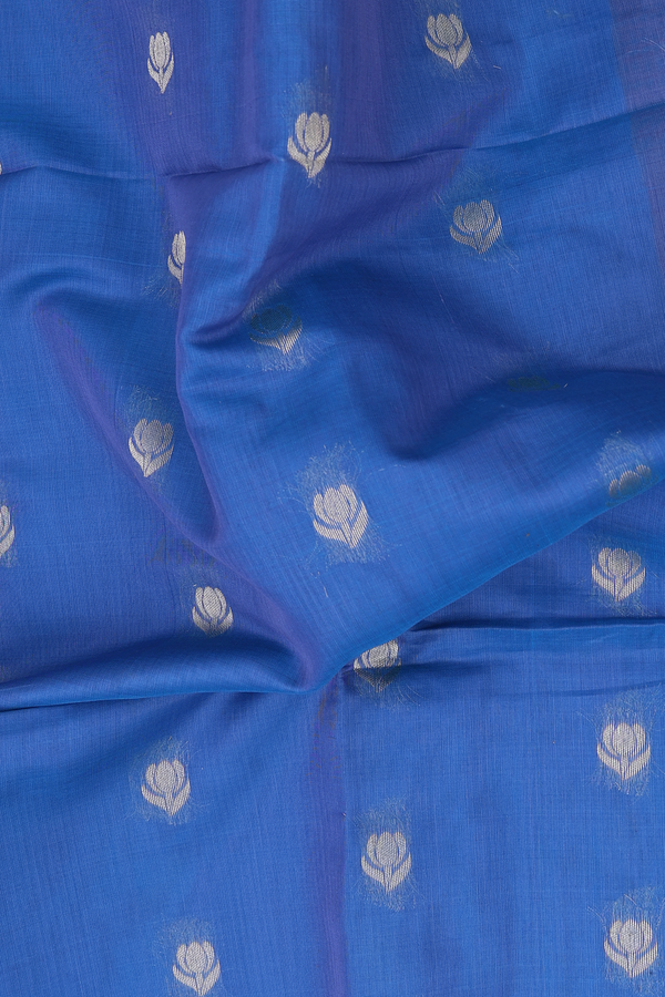 Kora Silk Cotton Saree In Capri Blue With Floral Buttas