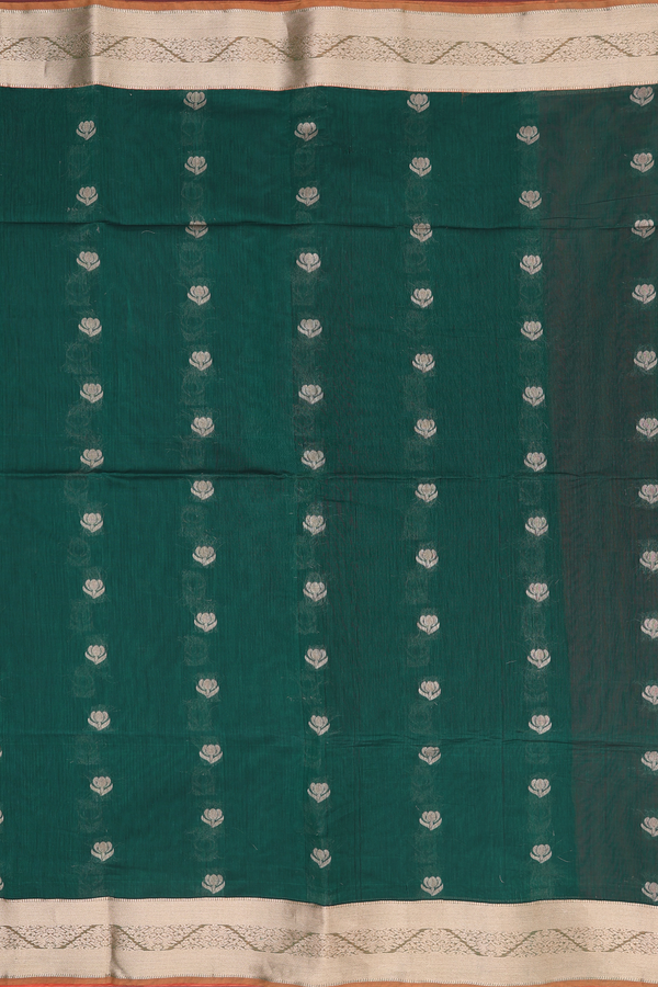 Kora Silk Cotton Saree In Forest Green With Floral Buttas