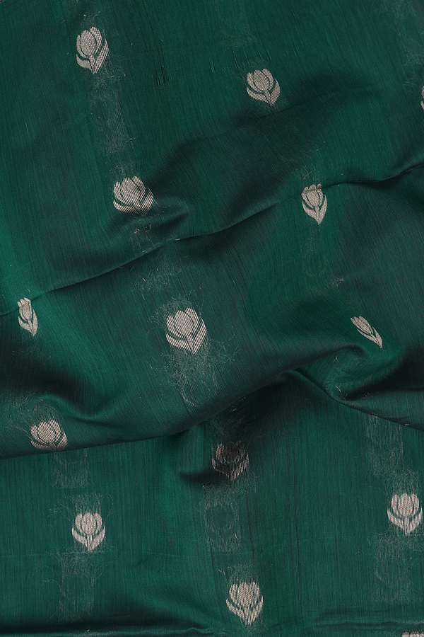 Kora Silk Cotton Saree In Forest Green With Floral Buttas