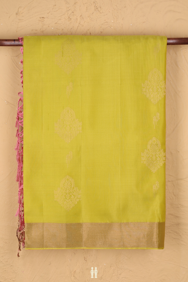 Soft Silk Saree In Lime Yellow With Zari Motifs
