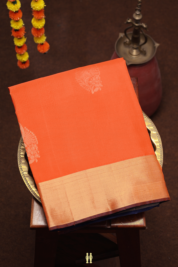 Soft Silk Saree In Bright Orange With Zari Motifs