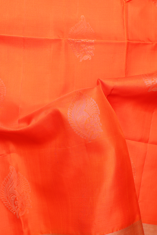 Soft Silk Saree In Bright Orange With Zari Motifs