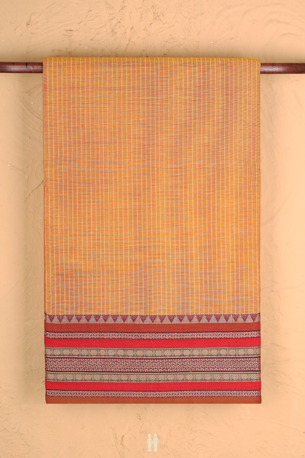 Nine Yards Cotton Saree In Mustard Orange With Checks Design