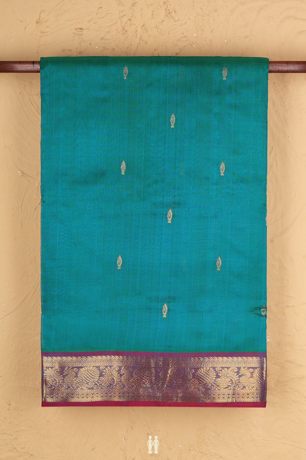Nine Yards Silk Cotton Saree In Peacock Blue With Zari Buttas