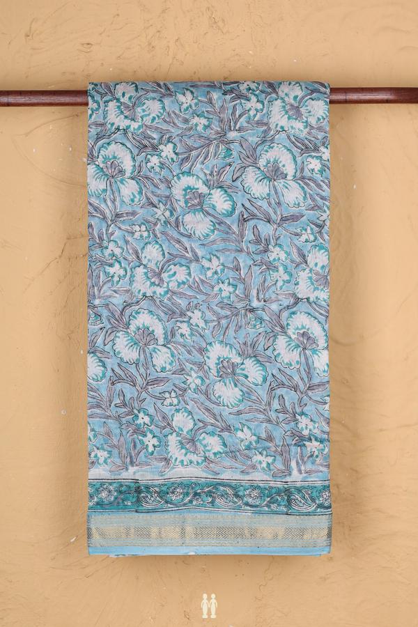 Chanderi Cotton Saree In Blue With Printed Design
