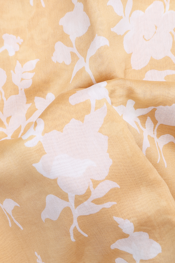 Chanderi Cotton Saree In Brick Yellow With Floral Design