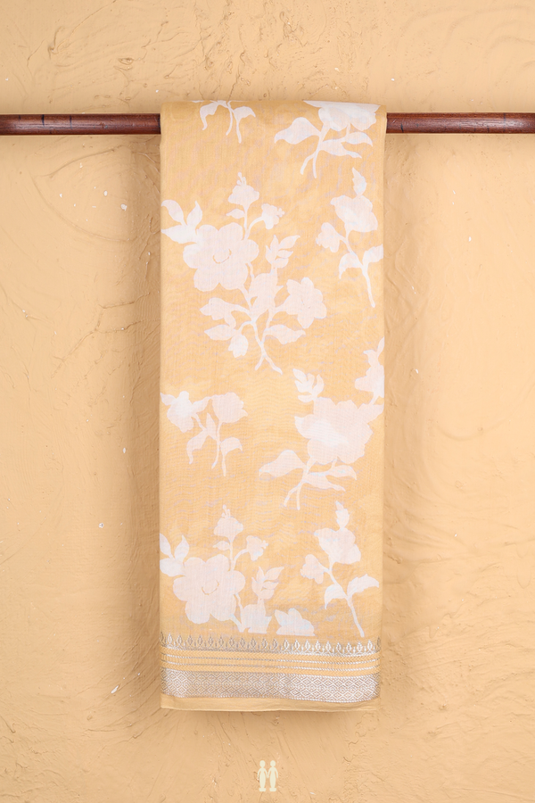 Chanderi Cotton Saree In Brick Yellow With Floral Design