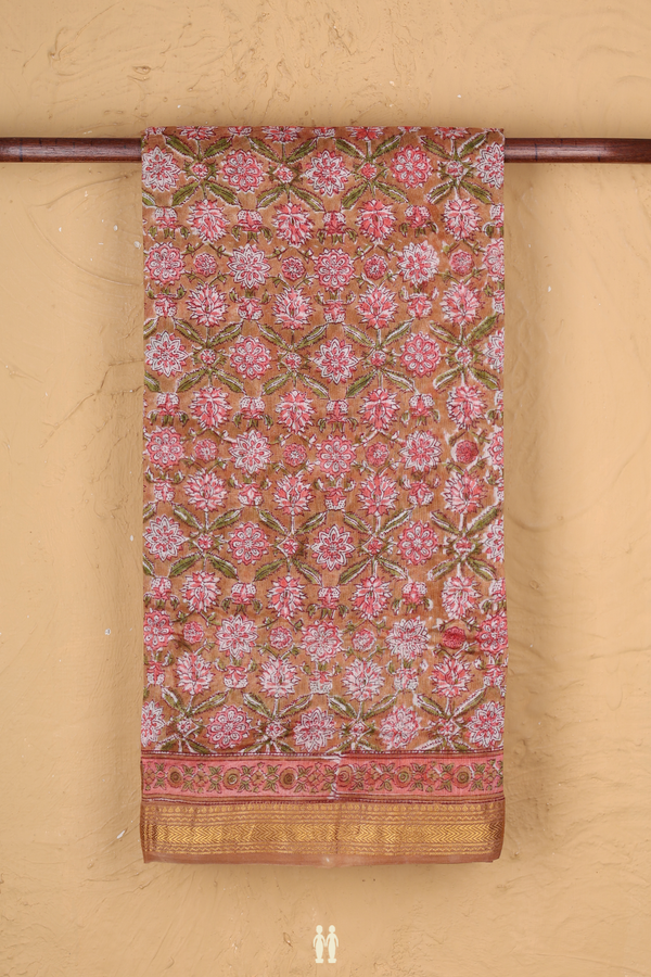 Chanderi Cotton Saree In Brown With Floral Design