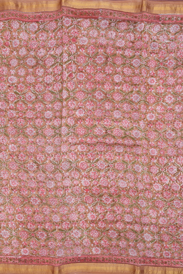 Chanderi Cotton Saree In Brown With Floral Design