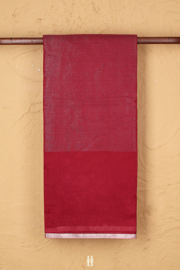 Chanderi Cotton Saree In Ruby Red With Stripes Design