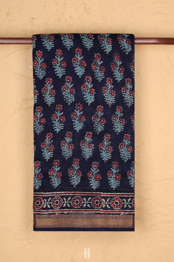 Chanderi Cotton Saree In Navy Blue With Floral Design