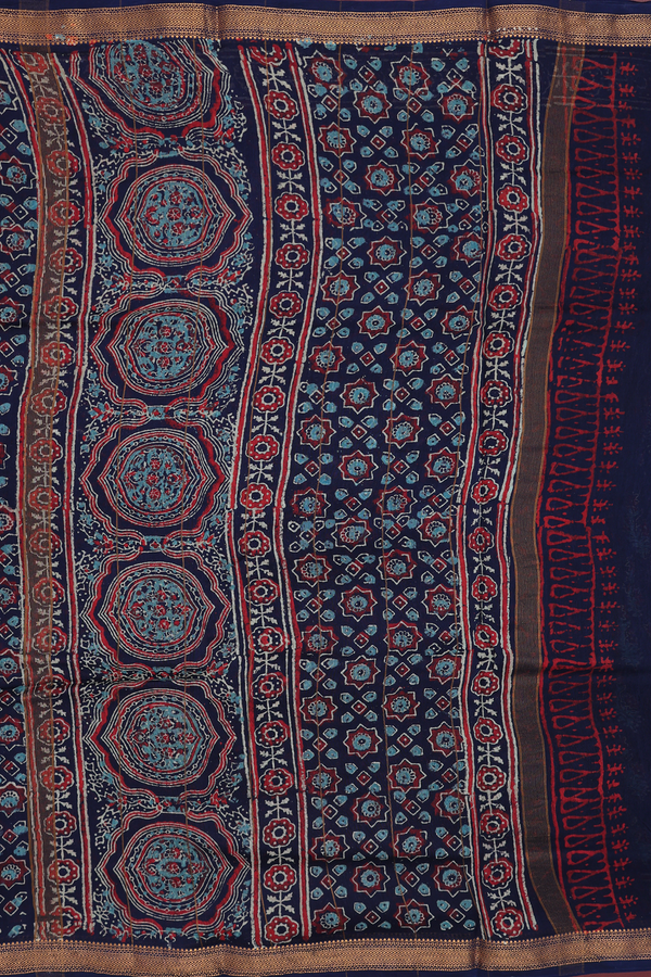 Chanderi Cotton Saree In Navy Blue With Floral Design