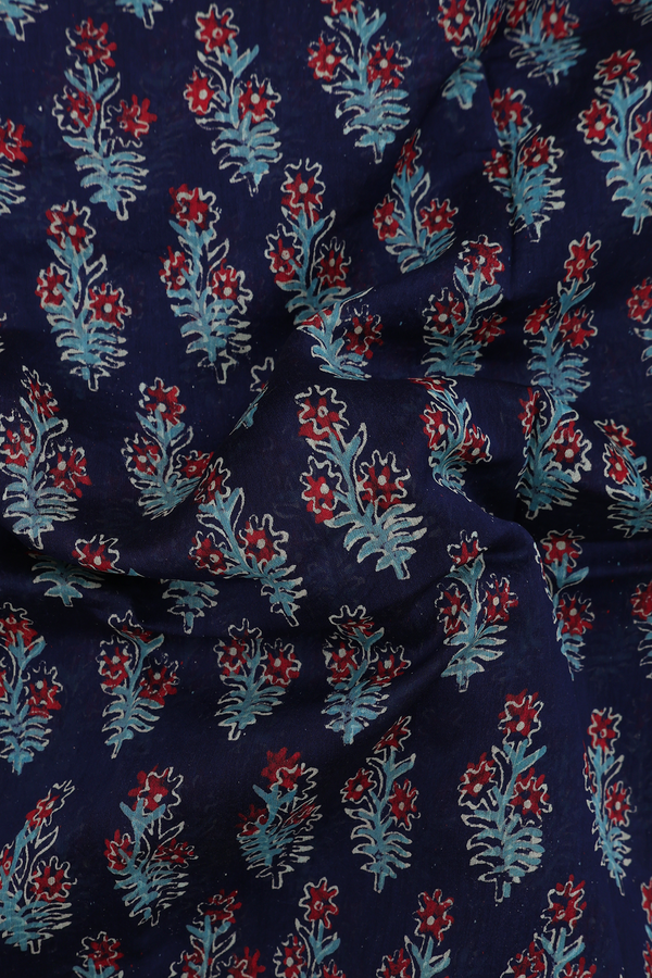 Chanderi Cotton Saree In Navy Blue With Floral Design