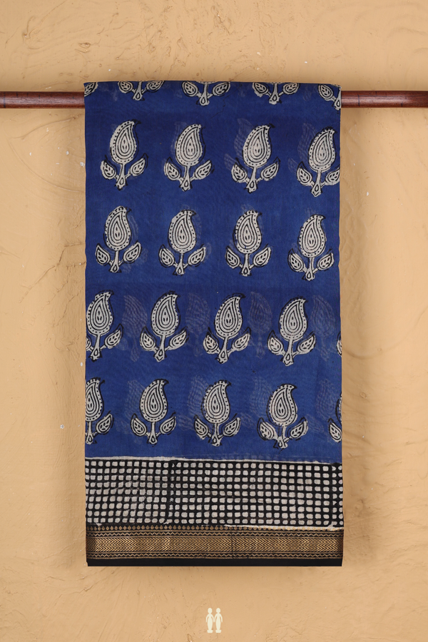 Chanderi Cotton Saree In Oxford Blue With Paisley Design