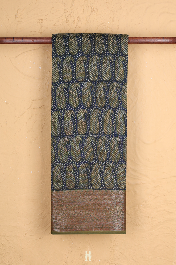 Chanderi Cotton Saree In Prussian Blue With Paisley Design