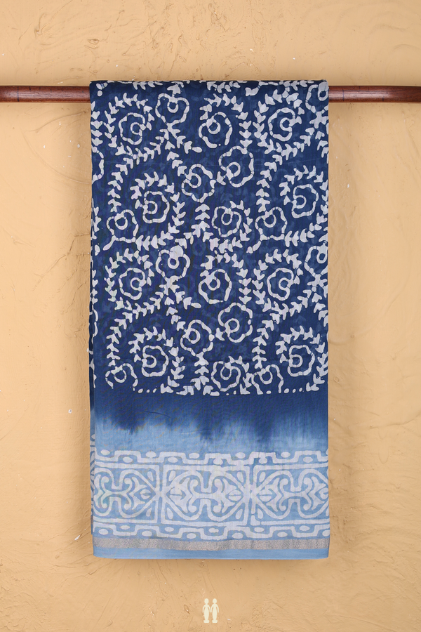Chanderi Cotton Saree In Oxford Blue With Printed Design