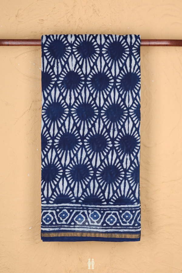 Chanderi Cotton Saree In Oxford Blue With Printed Design