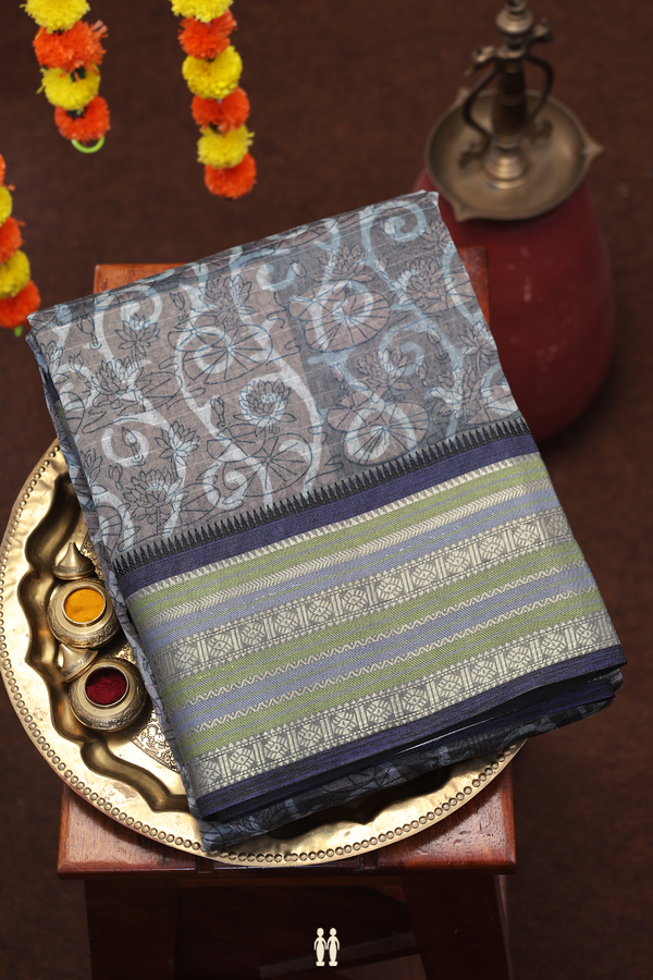 Chanderi Cotton Saree In Oxford Brown With Printed Design