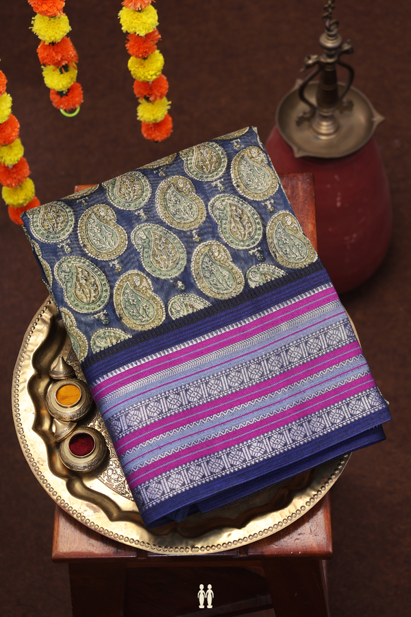 Chanderi Cotton Saree In Prussian Blue With Paisley Design