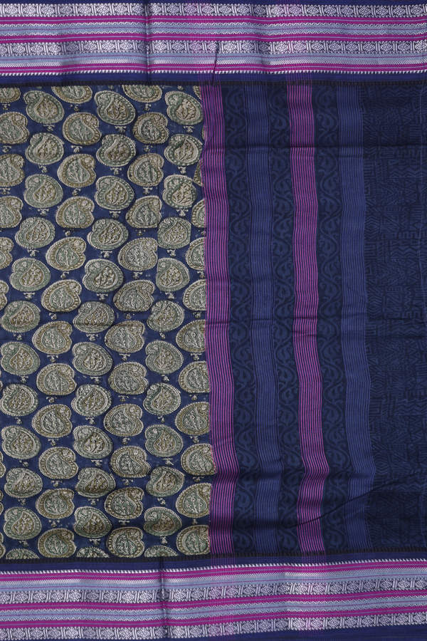 Chanderi Cotton Saree In Prussian Blue With Paisley Design