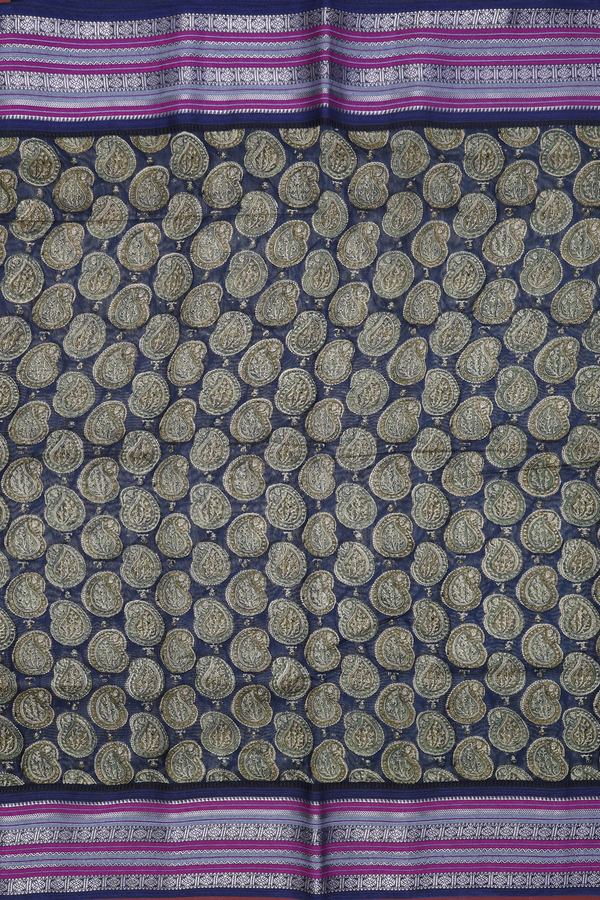 Chanderi Cotton Saree In Prussian Blue With Paisley Design