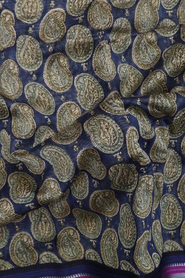 Chanderi Cotton Saree In Prussian Blue With Paisley Design