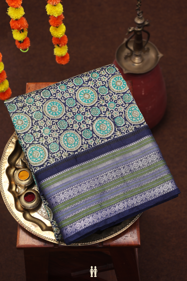 Chanderi Cotton Saree In Prussian Blue With Printed Design