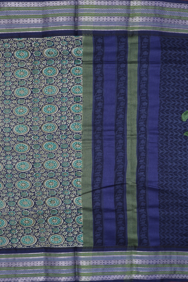 Chanderi Cotton Saree In Prussian Blue With Printed Design