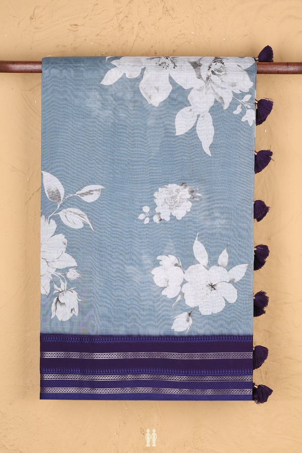 Chanderi Silk Cotton Saree In Aegean Blue With Floral Design