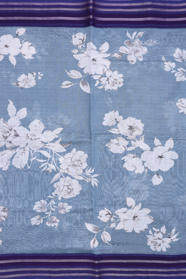 Chanderi Silk Cotton Saree In Aegean Blue With Floral Design