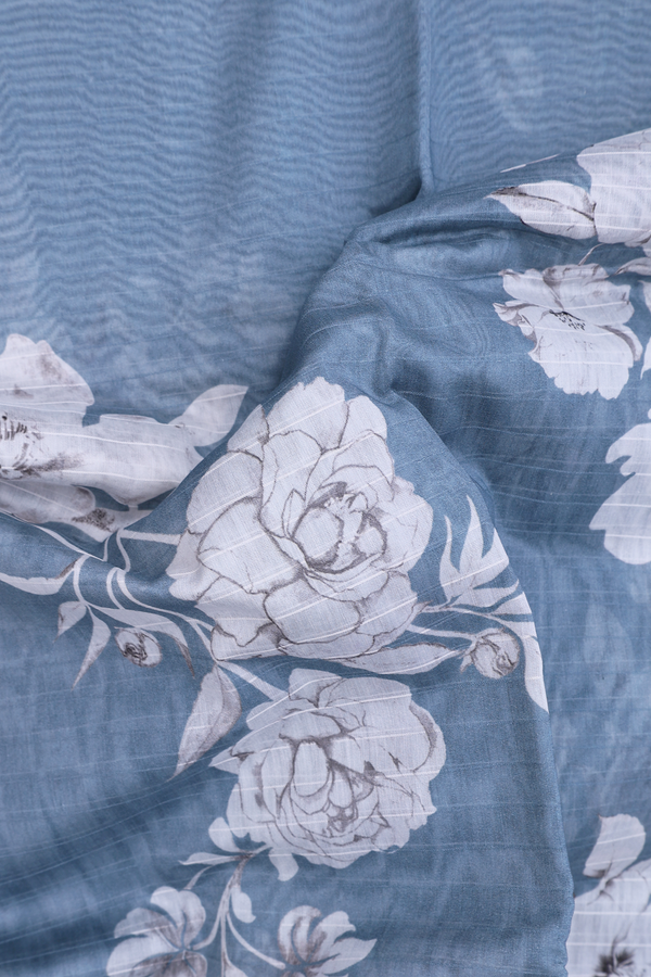 Chanderi Silk Cotton Saree In Aegean Blue With Floral Design
