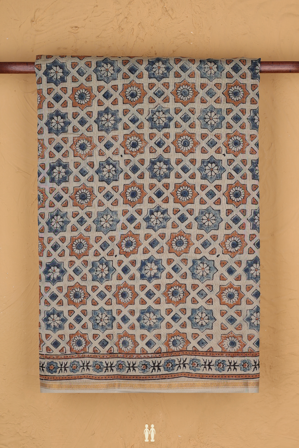 Chanderi Silk Cotton Saree In Beige With Ajrakh Printed Design