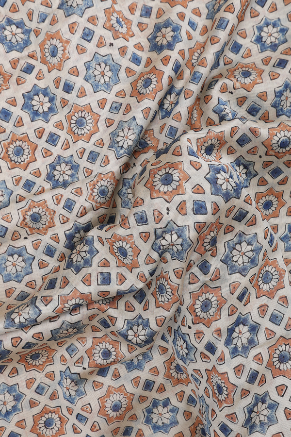 Chanderi Silk Cotton Saree In Beige With Ajrakh Printed Design
