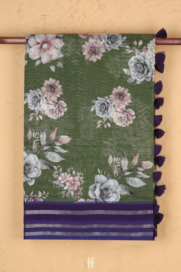 Chanderi Silk Cotton Saree In Fern Green With Floral Design