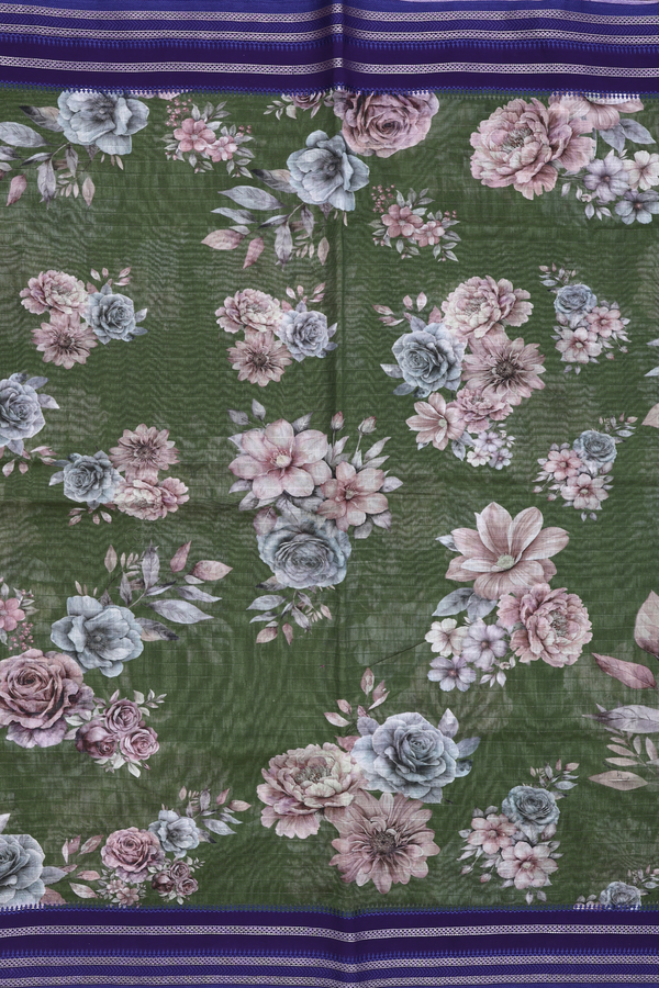 Chanderi Silk Cotton Saree In Fern Green With Floral Design