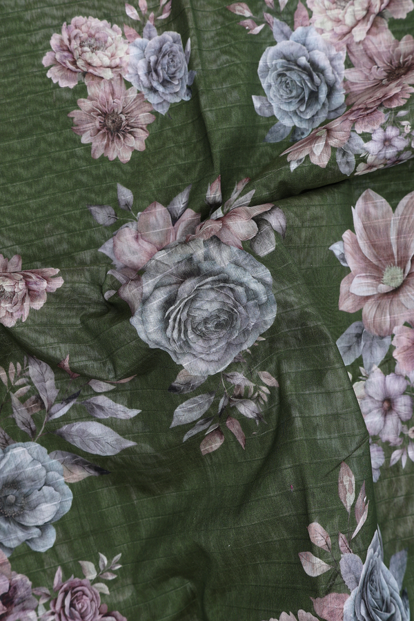 Chanderi Silk Cotton Saree In Fern Green With Floral Design