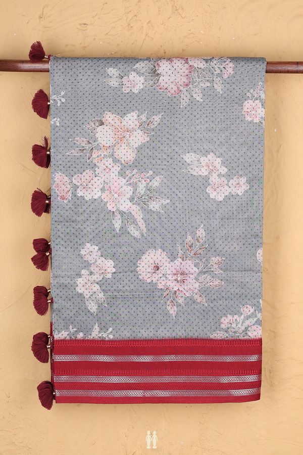 Chanderi Silk Cotton Saree In Grey With Floral Design