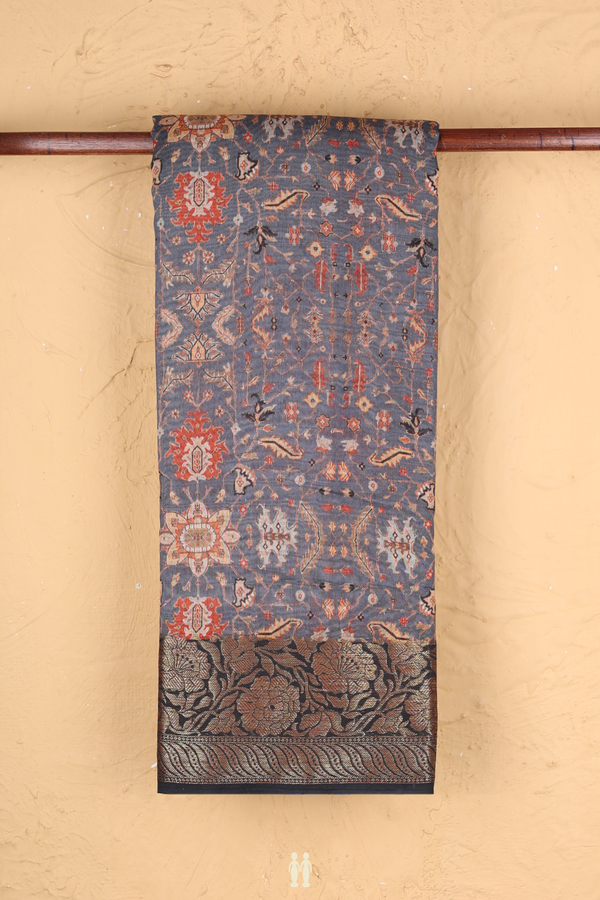 Chanderi Silk Cotton Saree In Grey With Floral Design