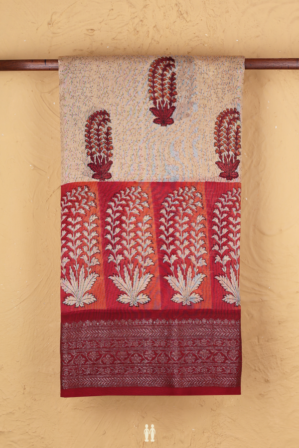 Chanderi Silk Cotton Saree In Light Brown With Floral Design