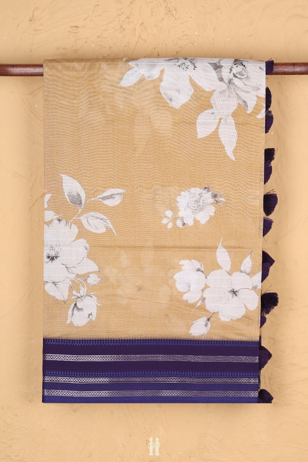 Chanderi Silk Cotton Saree In Mustard Brown With Floral Design