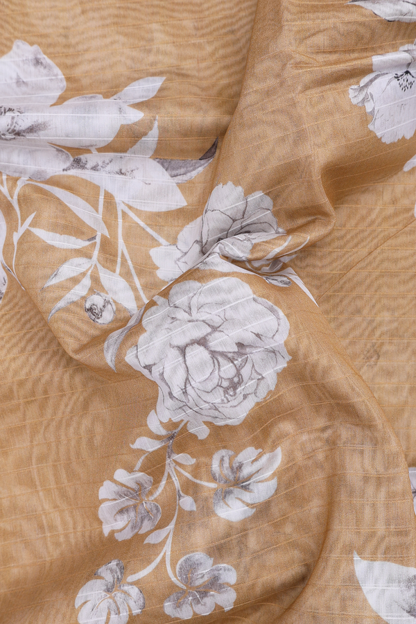 Chanderi Silk Cotton Saree In Mustard Brown With Floral Design