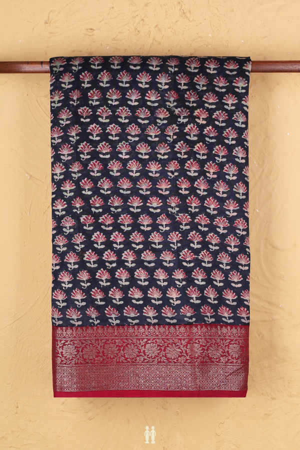 Chanderi Silk Cotton Saree In Navy Blue With Floral Design