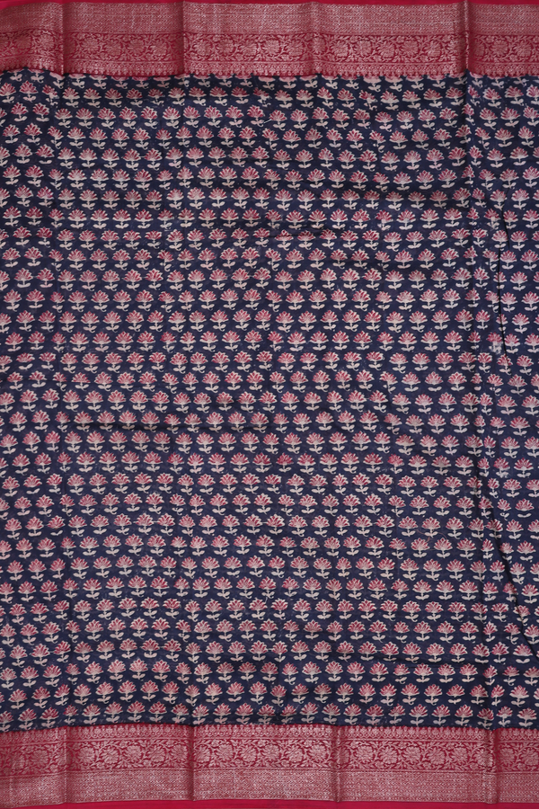 Chanderi Silk Cotton Saree In Navy Blue With Floral Design