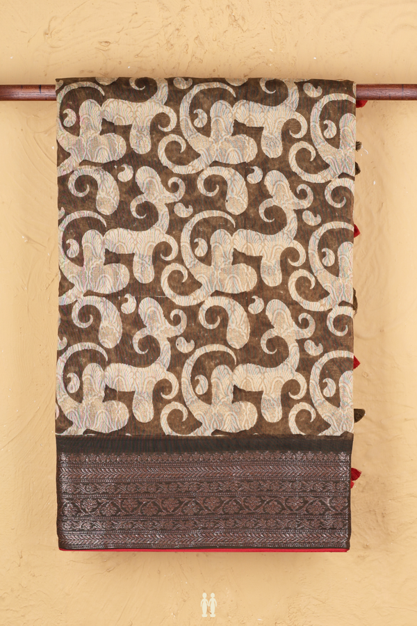 Chanderi Silk Cotton Saree In Olive Brown With Printed Design
