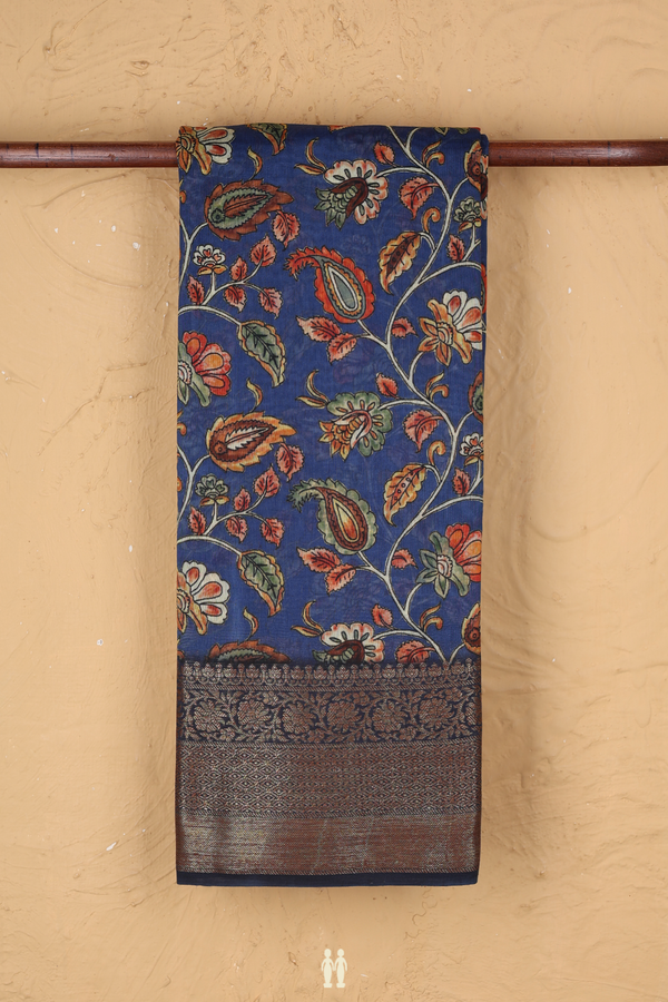Chanderi Silk Cotton Saree In Royal Blue With Floral Design