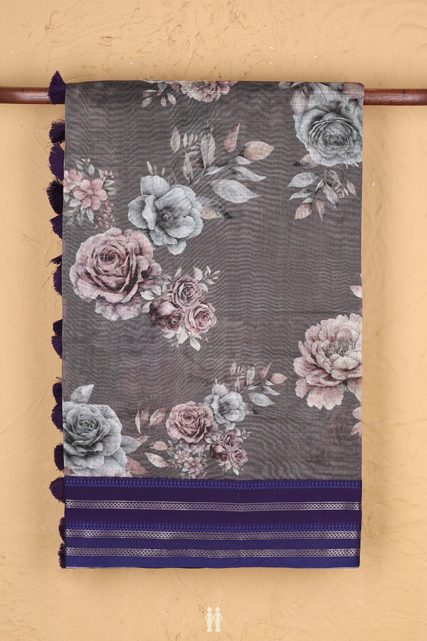 Chanderi Silk Cotton Saree In Oxford Brown With Floral Design