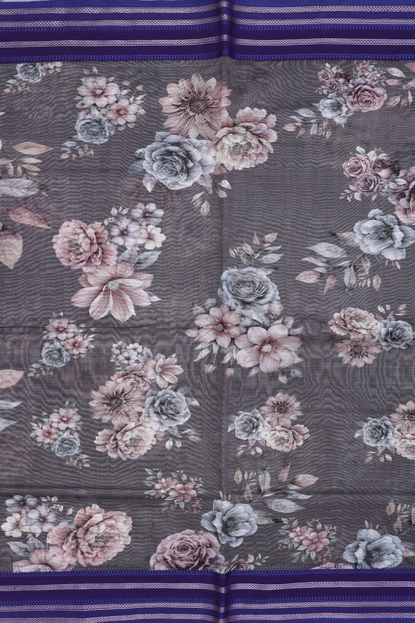 Chanderi Silk Cotton Saree In Oxford Brown With Floral Design