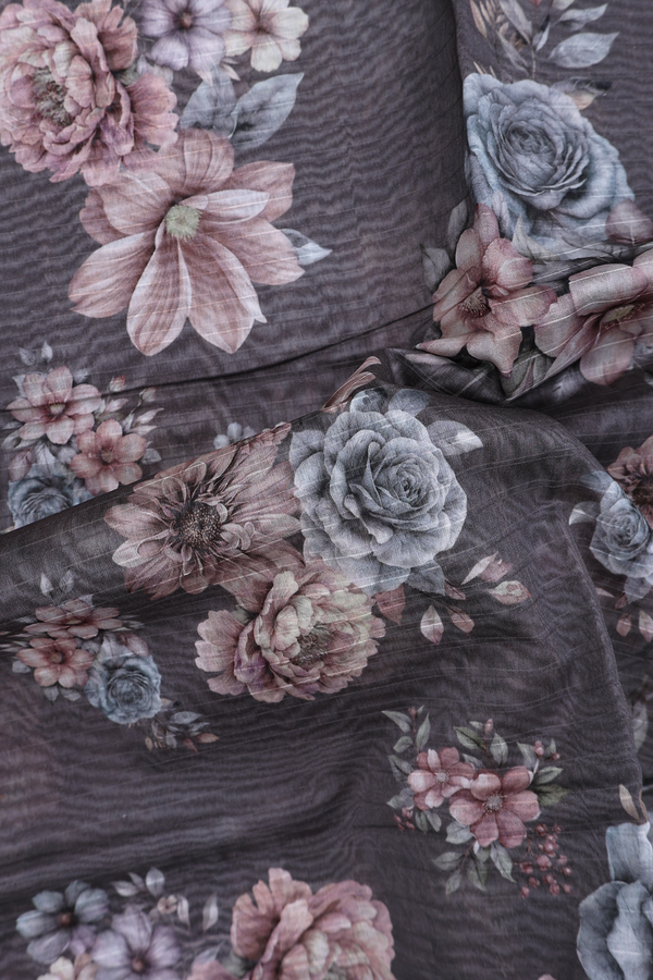 Chanderi Silk Cotton Saree In Oxford Brown With Floral Design