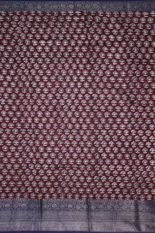 Chanderi Silk Cotton Saree In Burgundy Red With Floral Design