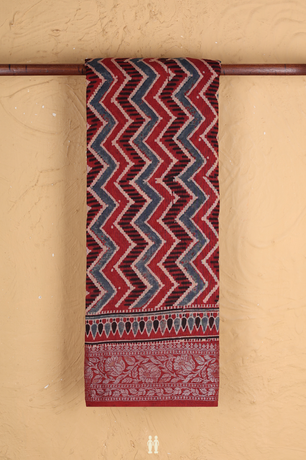Chanderi Silk Cotton Saree In Red With Chevron Design